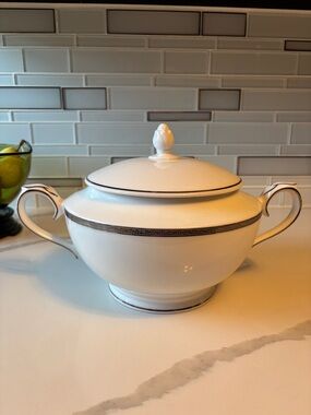 Classic White Porcelain Covered Soup terrene with Silver Trim